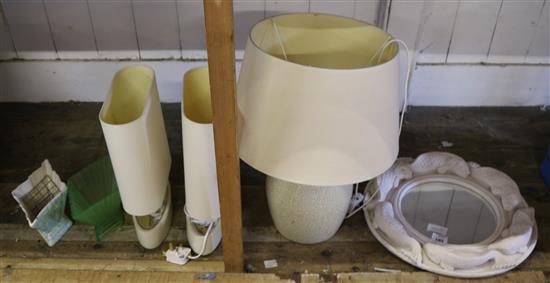 3 table lamps, fish mirror & 2 vases